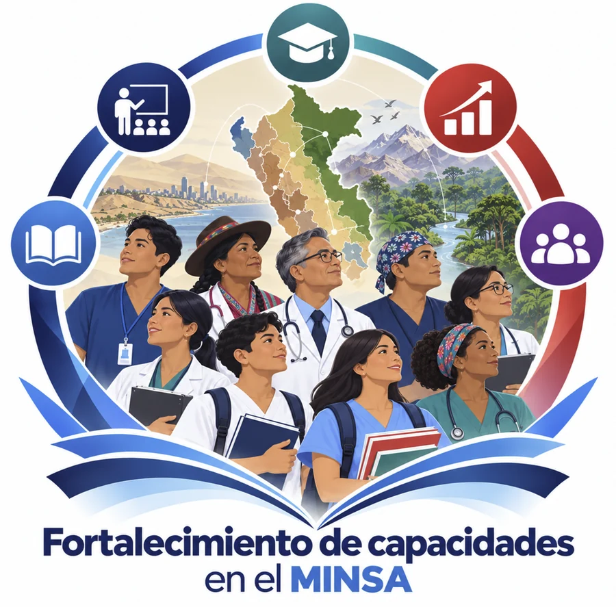 Ilustración del fortalecimiento de capacidades en el MINSA: personal de salud de distintas regiones del Perú rodeado de los íconos de formación, docencia, gestión y trabajo en equipo