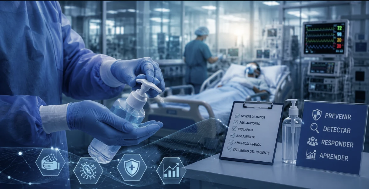 Higiene de manos en una unidad hospitalaria, con las cuatro funciones de un programa de prevención y control de infecciones: prevenir, detectar, responder y aprender