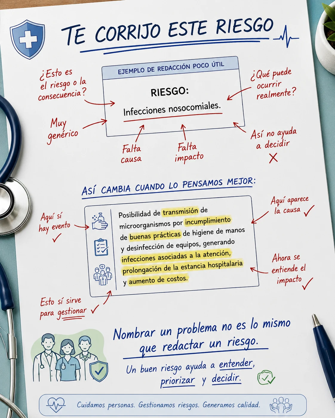 Infografía: te corrijo este riesgo — cómo pasar de una redacción genérica a una que incluye evento, causa e impacto