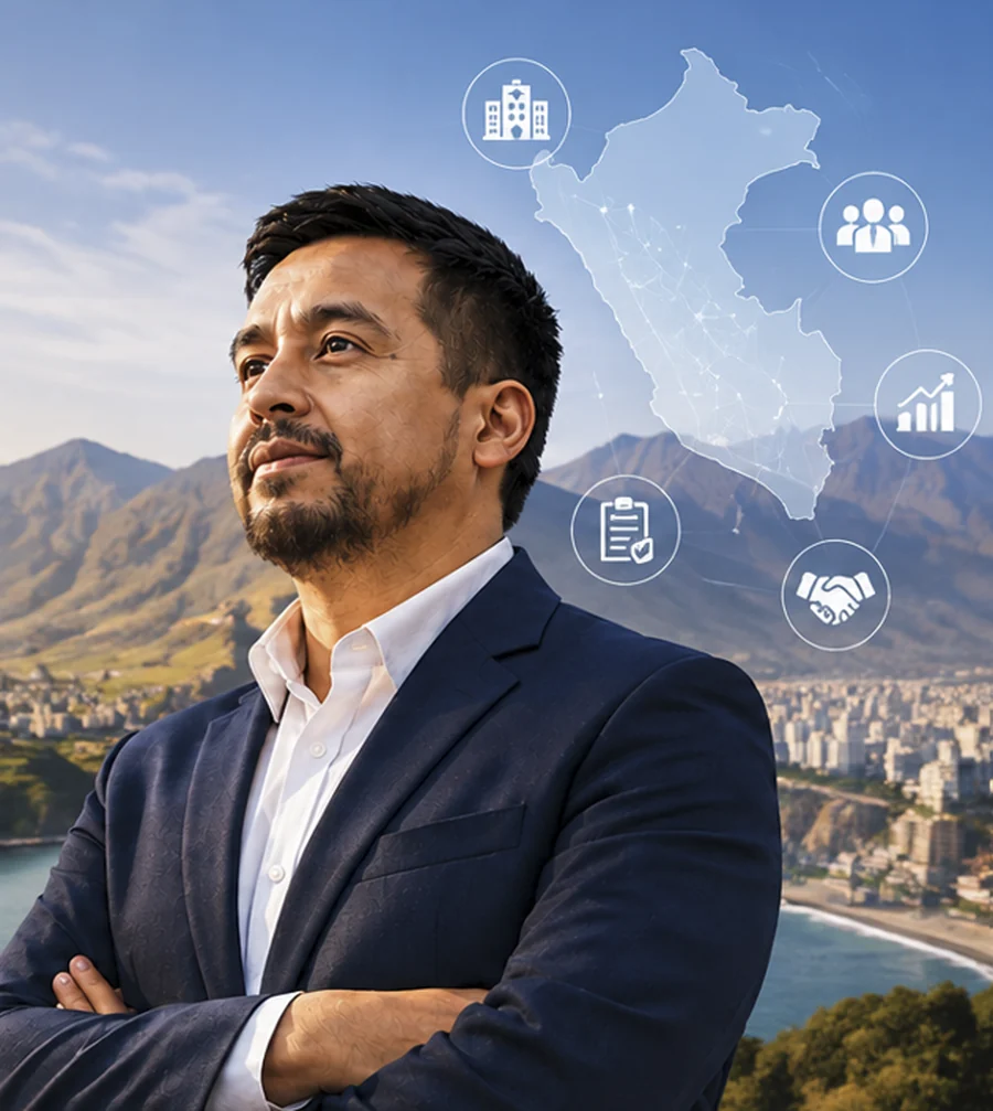 Dr. Alberto Gonzales Guzmán, con el mapa del Perú y los ejes de su trabajo: formación, equipos, resultados, normativa y alianzas
