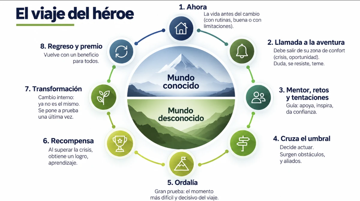 Esquema circular del viaje del héroe con sus ocho momentos: ahora, llamada a la aventura, mentor, cruzar el umbral, ordalía, recompensa, transformación y regreso, entre el mundo conocido y el mundo desconocido
