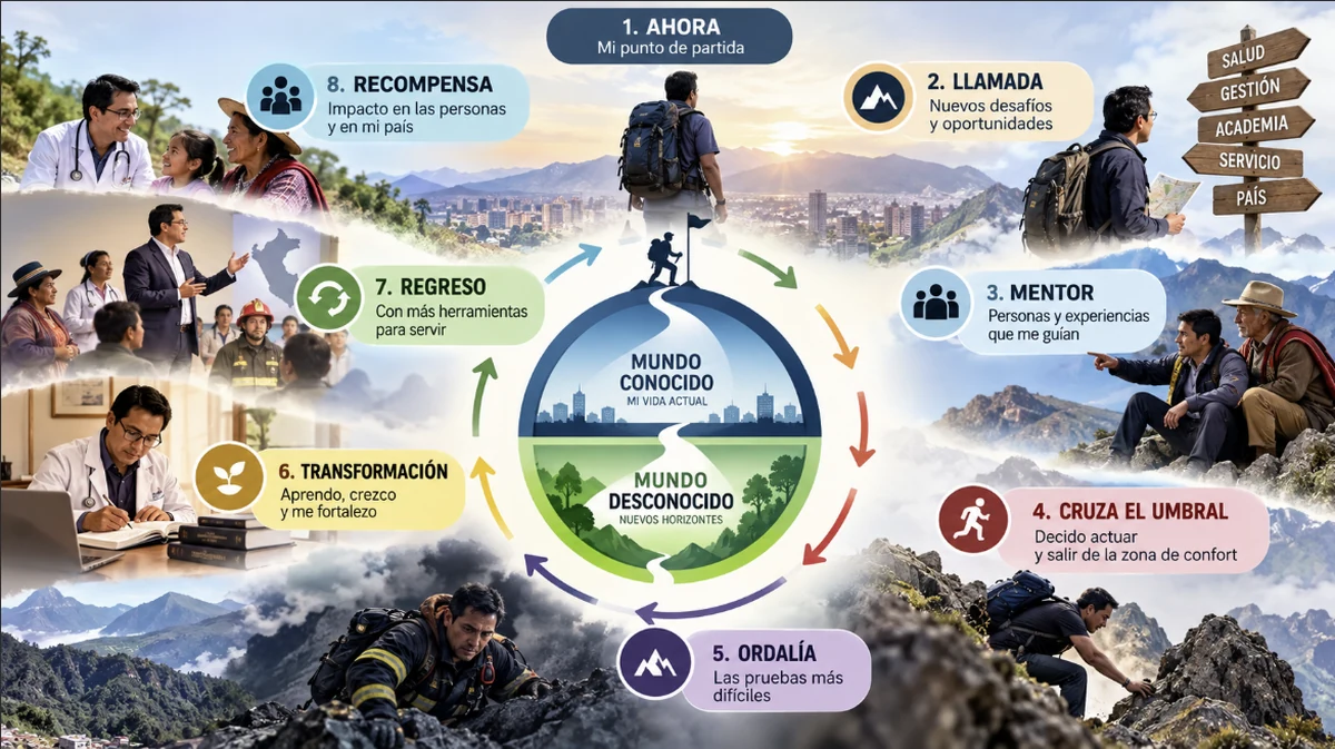 Versión personal del viaje del héroe con escenas de la trayectoria del autor: consulta médica, docencia, atención en comunidad, bomberos y estudio